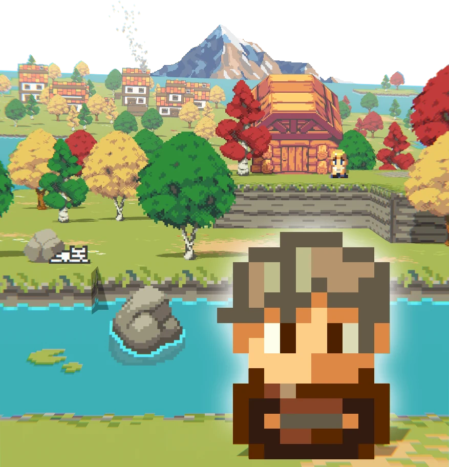 Pixel art village by a lake with autumn trees, a log cabin and snowy mountain