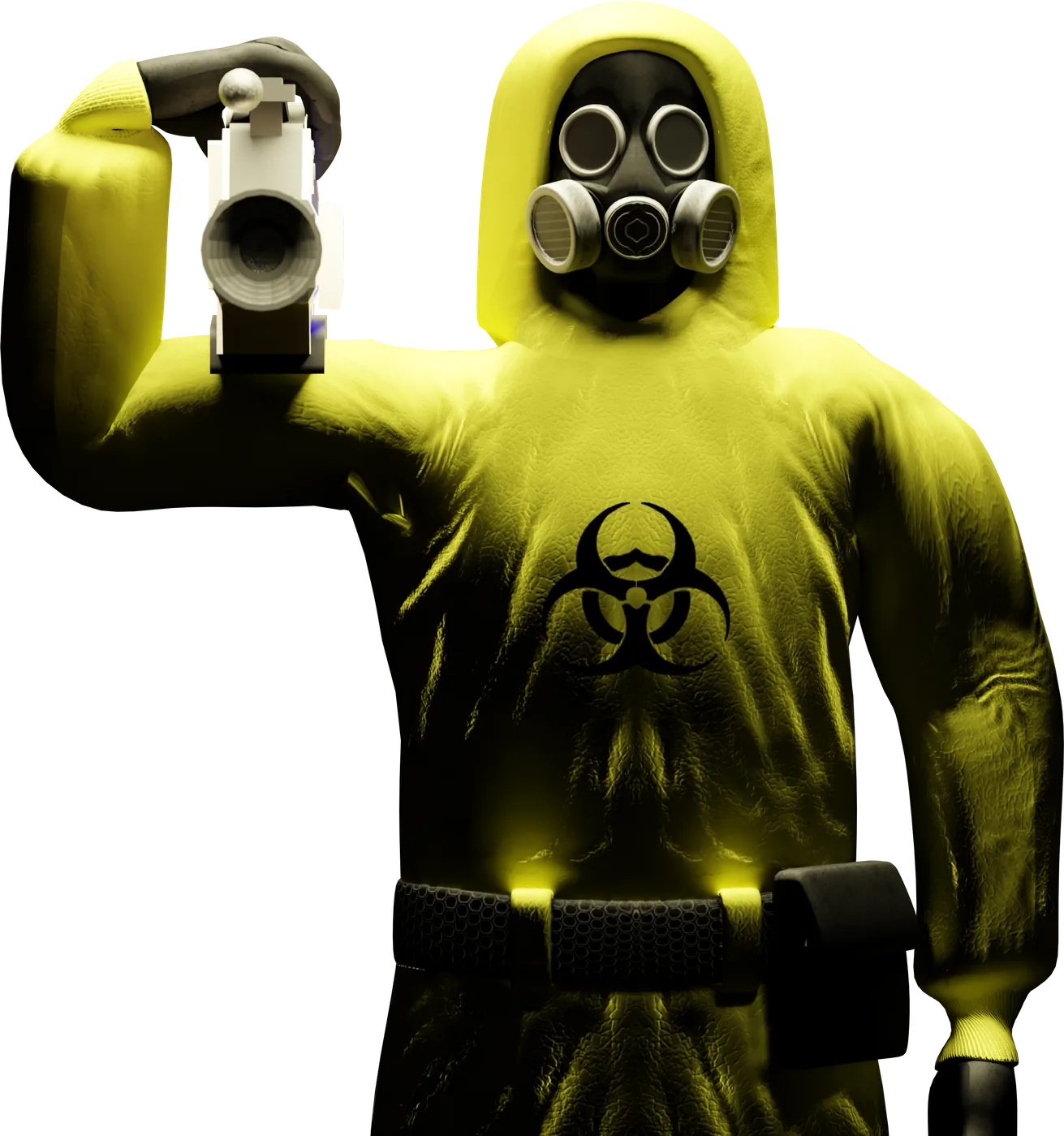 An explorer in a yellow hazmat suit holding the VHS camera