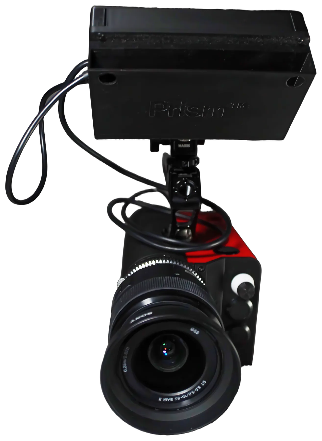The Prism PR-585R from the front: Sony lens, red and black 3D-printed body, and a monitor on a top handle