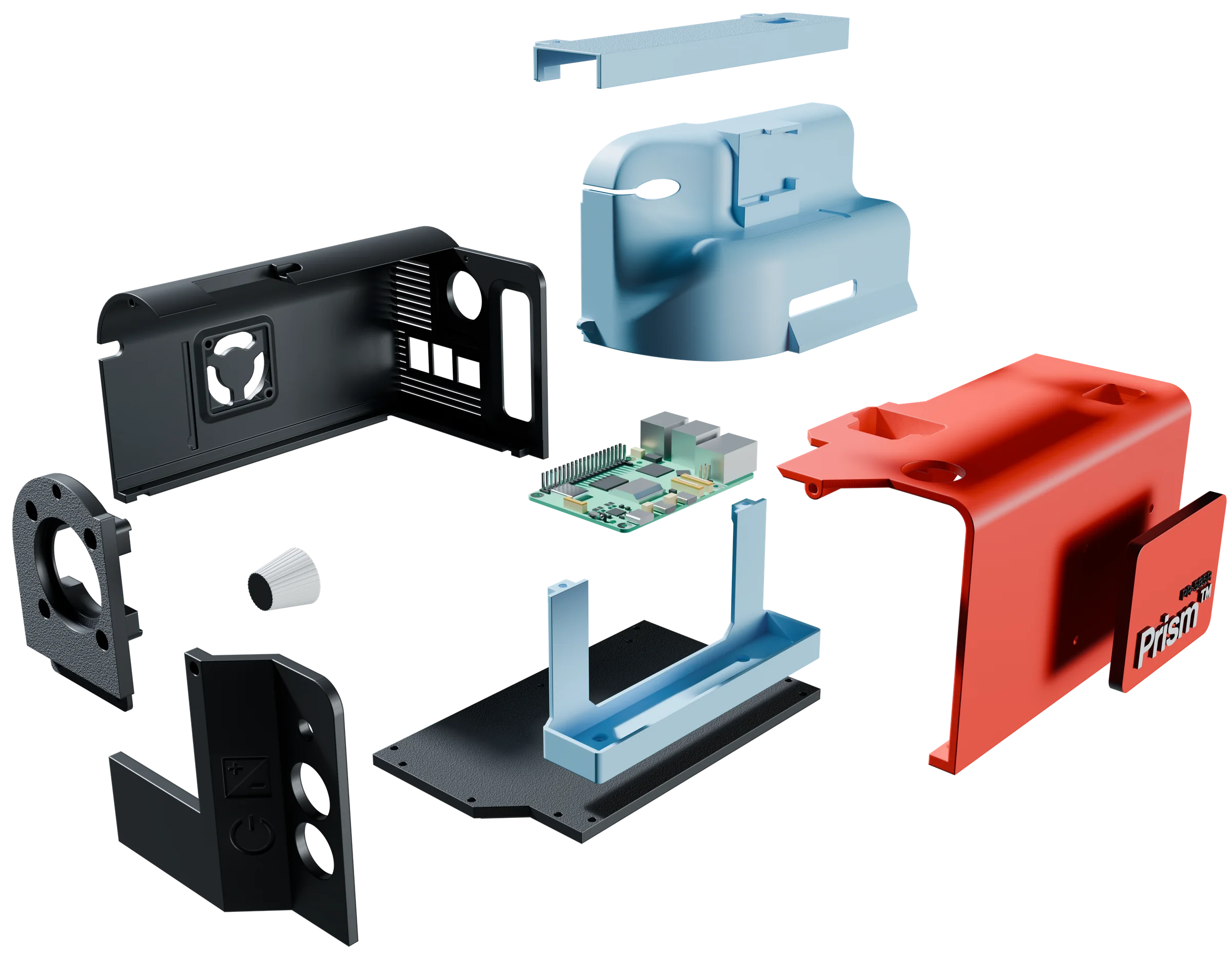 Exploded render of the camera body from OnShape, showing the red side shell and Prism badge panel, the black rear shell with the fan and port cut-outs, the front control panel, the lens mount plate, the rotary encoder knob, the Raspberry Pi 5, the internal frame and the base plate
