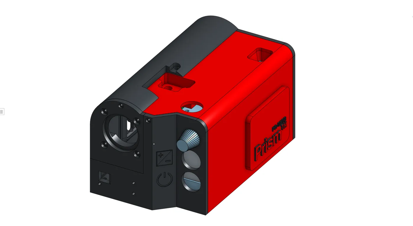 The case design in OnShape: a red and black camera body with the Prism badge