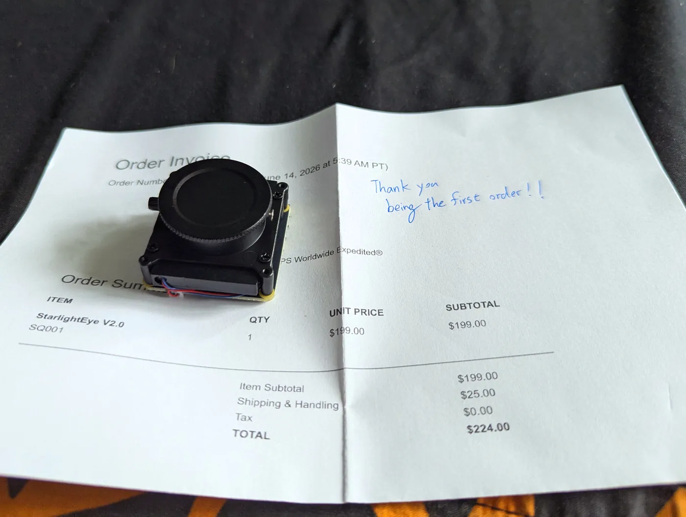The StarlightEye IMX585 module on its invoice, with a handwritten thank you for being the first order