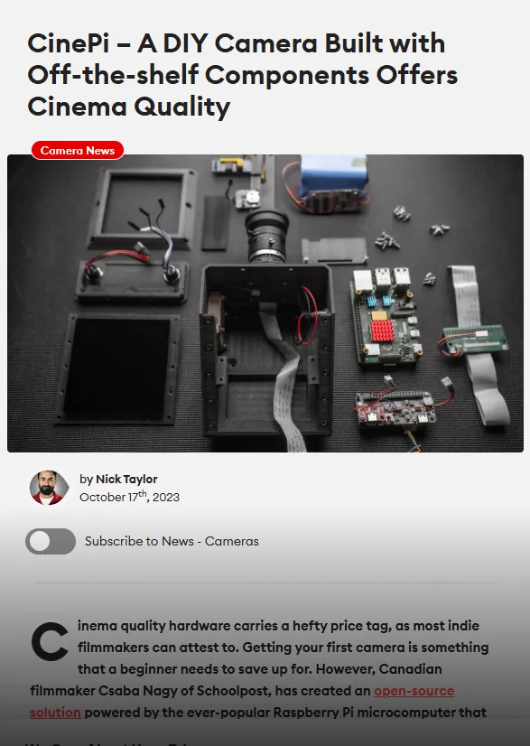 An online article about CinePi, the DIY camera built from off-the-shelf parts