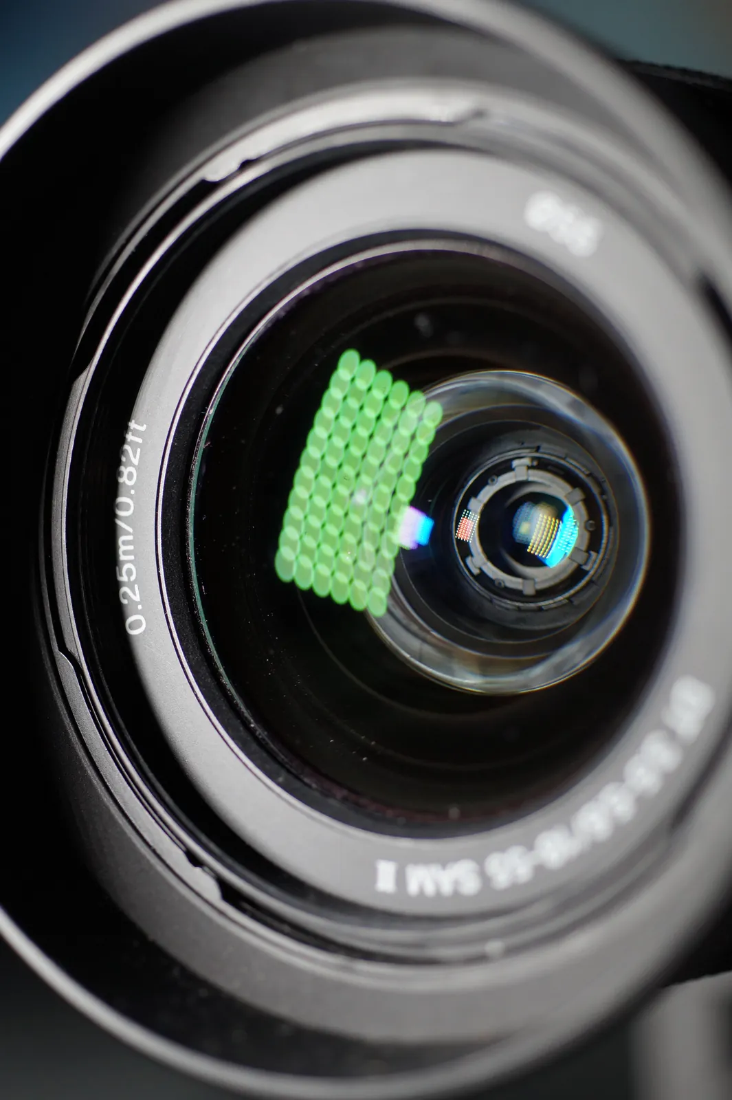 Looking into the Sony lens, with the sensor board visible behind the glass